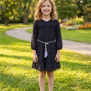 Girls' Black Floral Long-Sleeve Dress with Tassel Belt